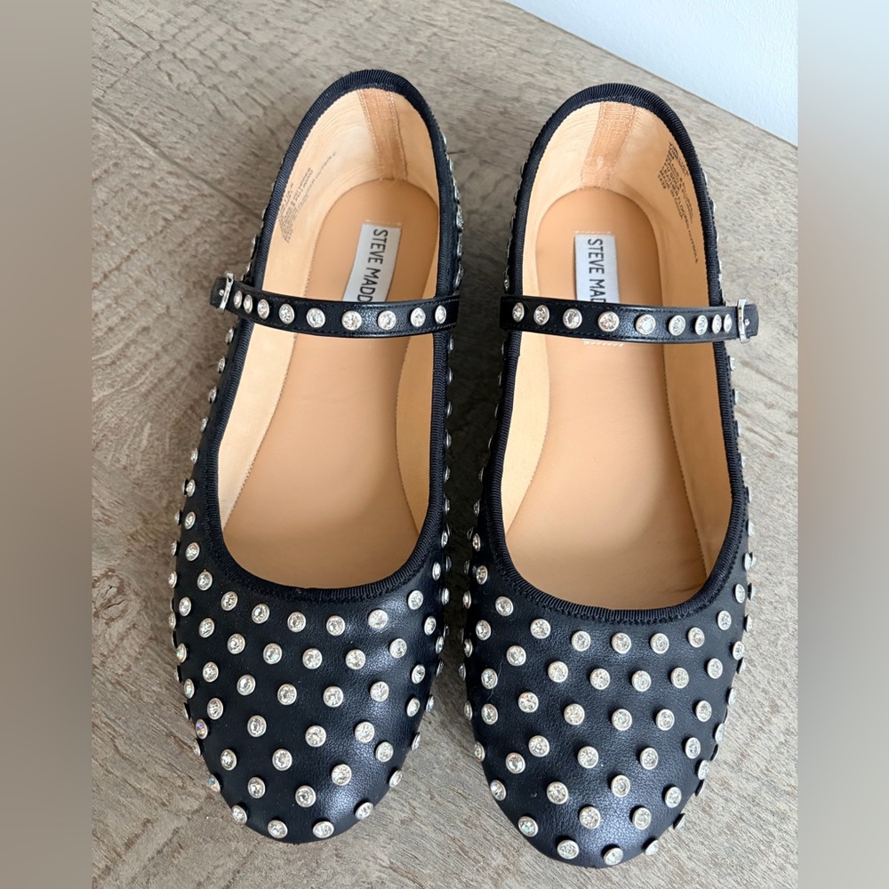 Steve Madden Black Studded Mary Jane Flats with Crystal Accents